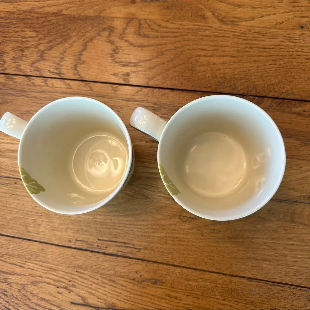 2 Crate & Barrel by Barbara Eigen Ivory Mugs With Painted Leaves 3” High
